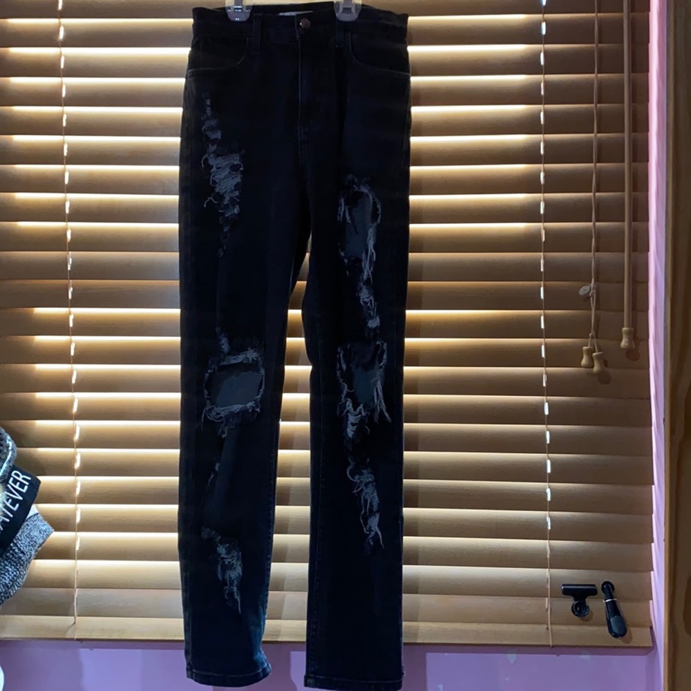 Black distressed straight high waisted jeans